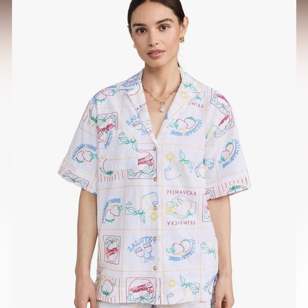 JANE + DELANCEY White Graphic Embroidery, Button Down crop Shirt Women’s Sz L